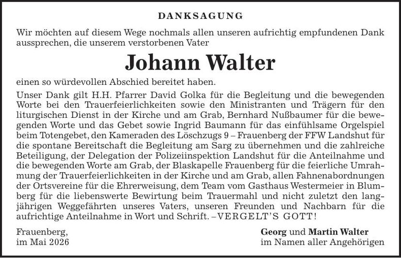Traueranzeige Johann Walter