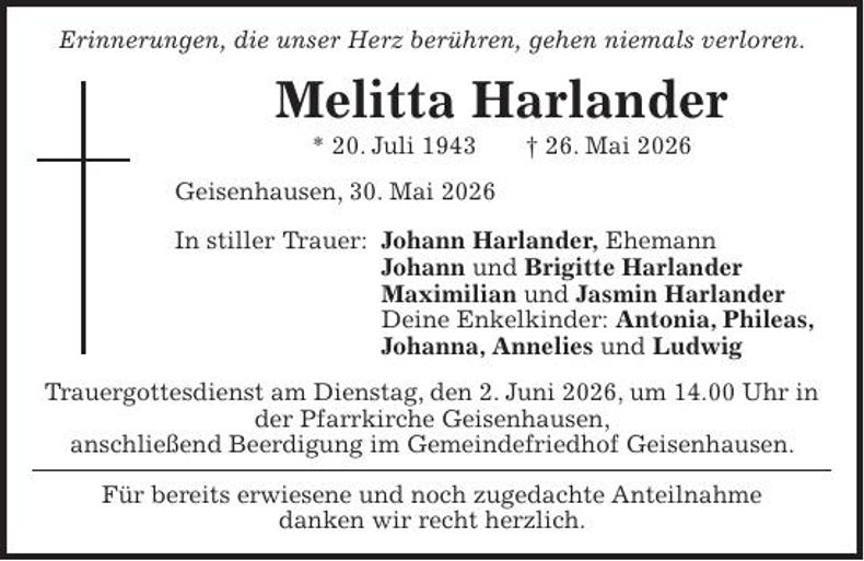 Traueranzeige Melitta Harlander