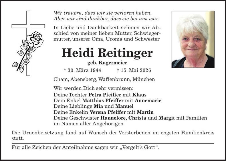 Traueranzeige Heidi Reitinger