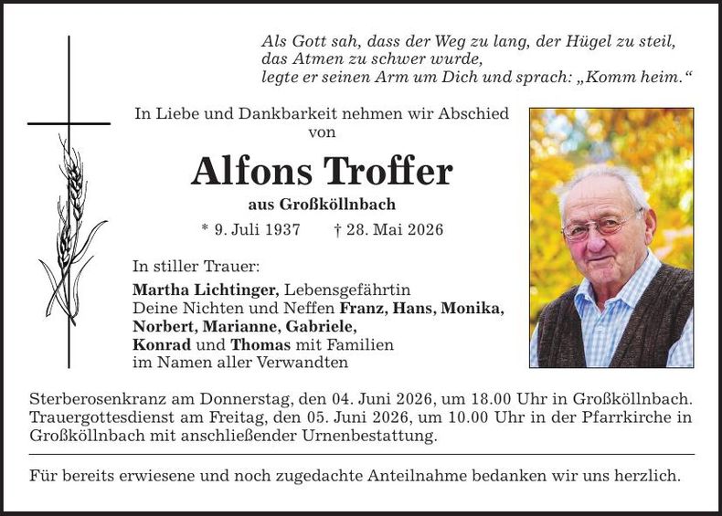 Traueranzeige Alfons Troffer