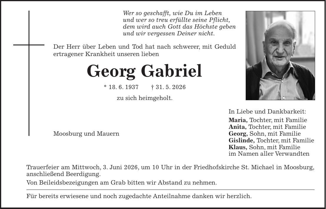 Traueranzeige Georg Gabriel