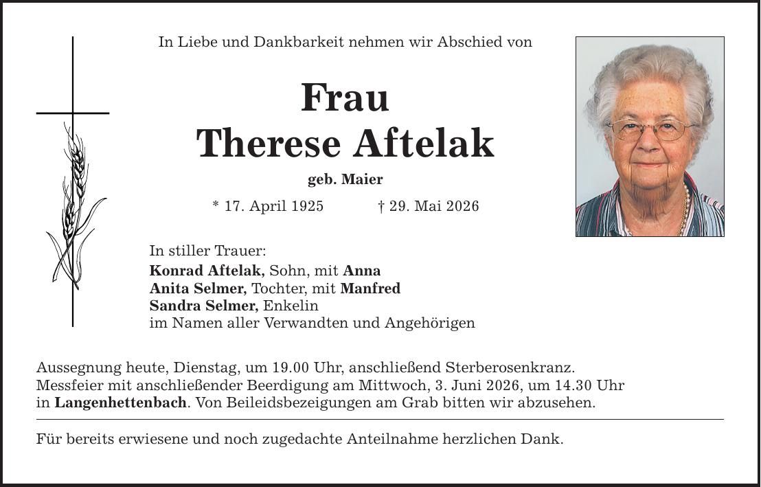 Traueranzeige Therese Aftelak