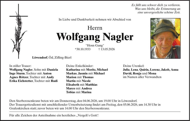 Traueranzeige Wolfgang Nagler 