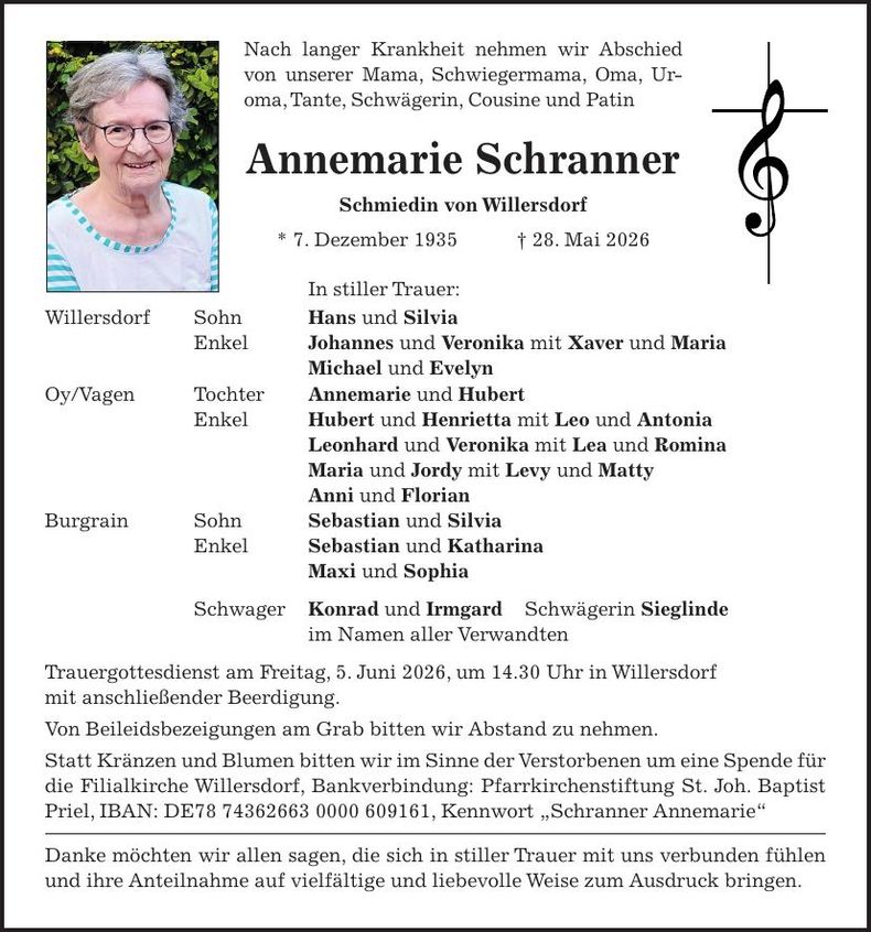 Traueranzeige Annemarie Schranner