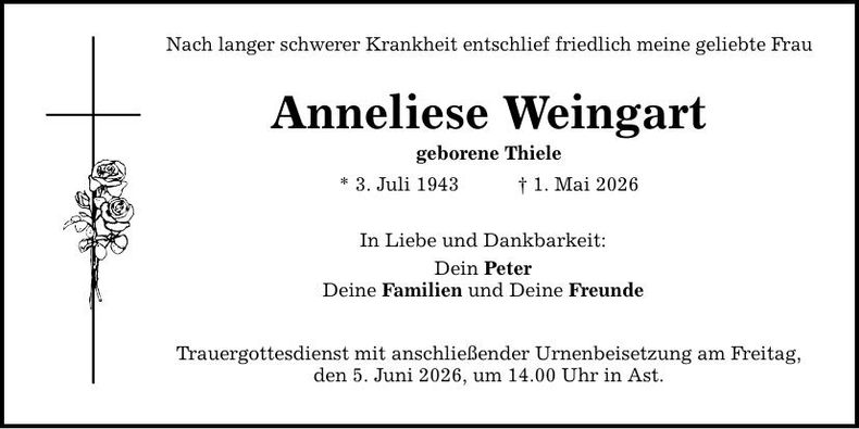 Traueranzeige Anneliese Weingart