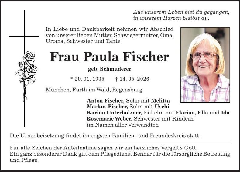 Traueranzeige Paula Fischer