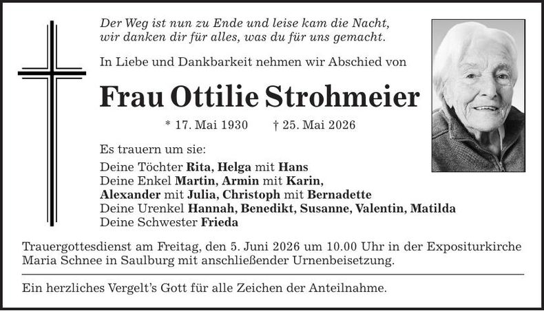 Traueranzeige Ottilie Strohmeier