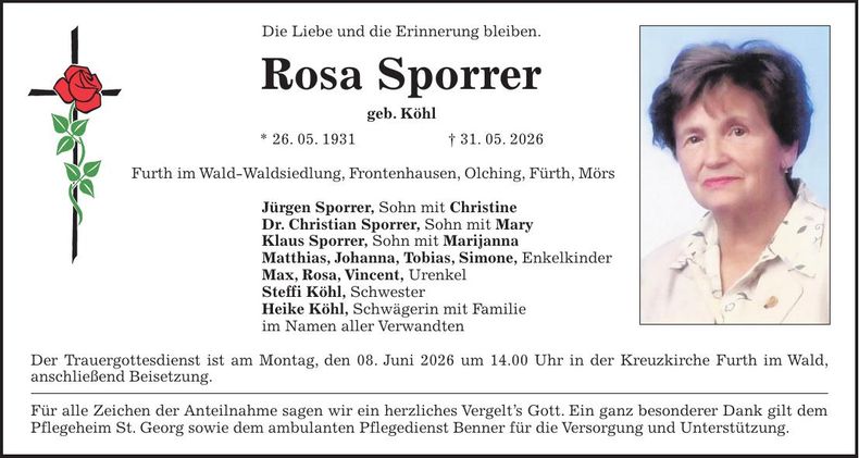 Traueranzeige Rosa Sporrer