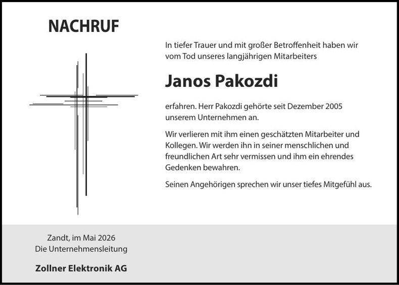 Traueranzeige Janos Pakozdi