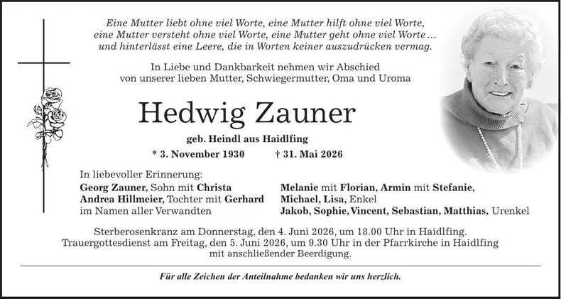Traueranzeige Hedwig Zauner