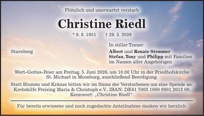 Traueranzeige Christine Riedl