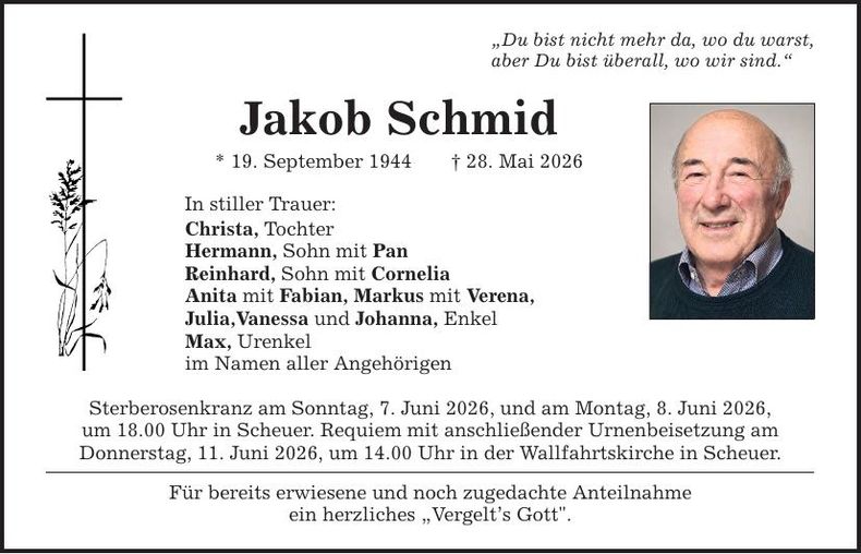 Traueranzeige Jakob  Schmid 