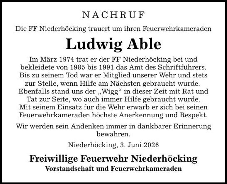 Traueranzeige Ludwig Able