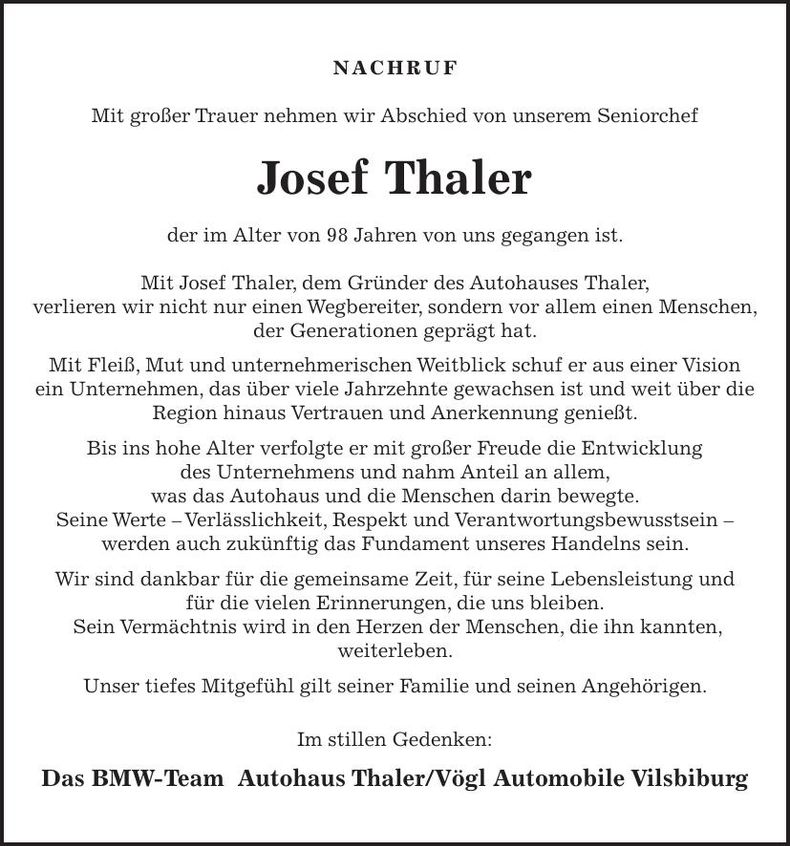 Traueranzeige Josef Thaler