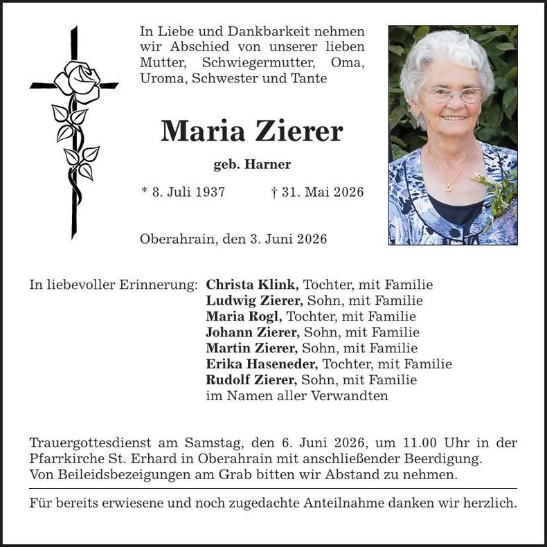 Traueranzeige Maria Zierer