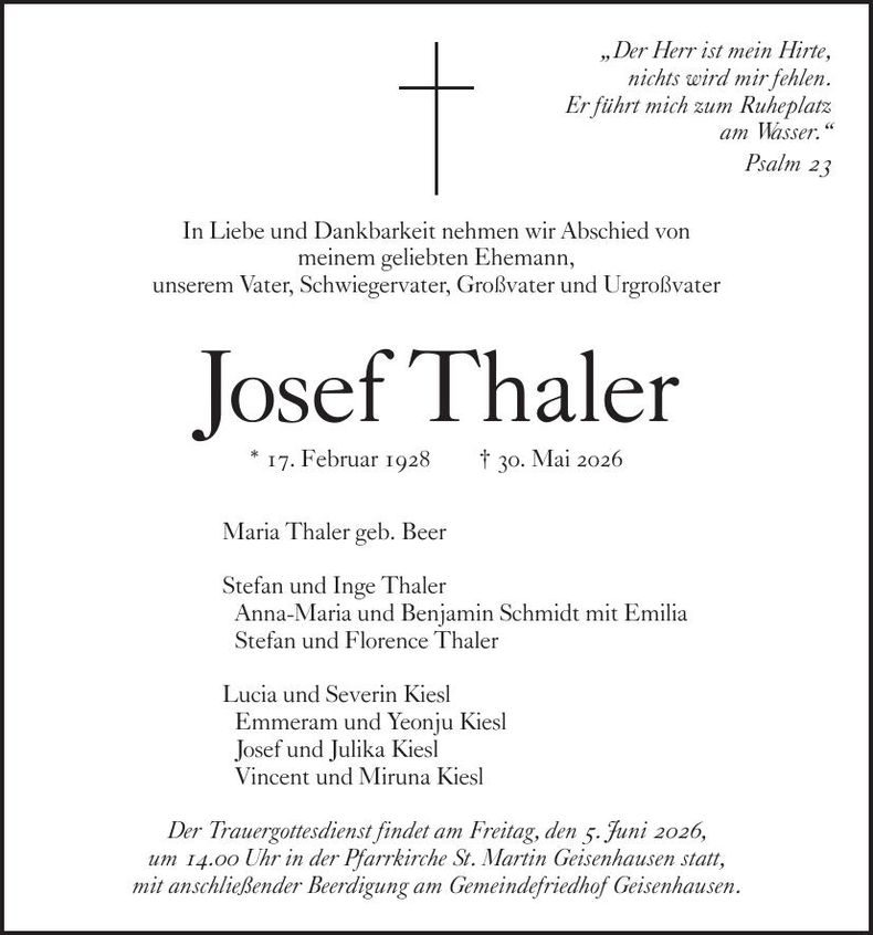 Traueranzeige Josef Thaler