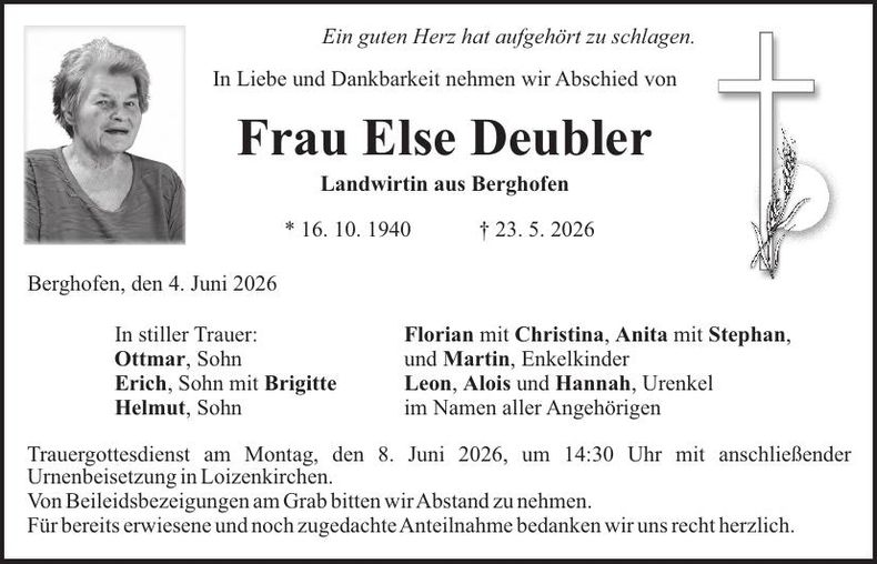 Traueranzeige Else Deubler