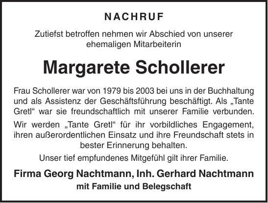 Traueranzeige Margarete Schollerer