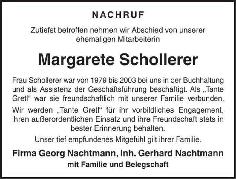 Traueranzeige Margarete Schollerer