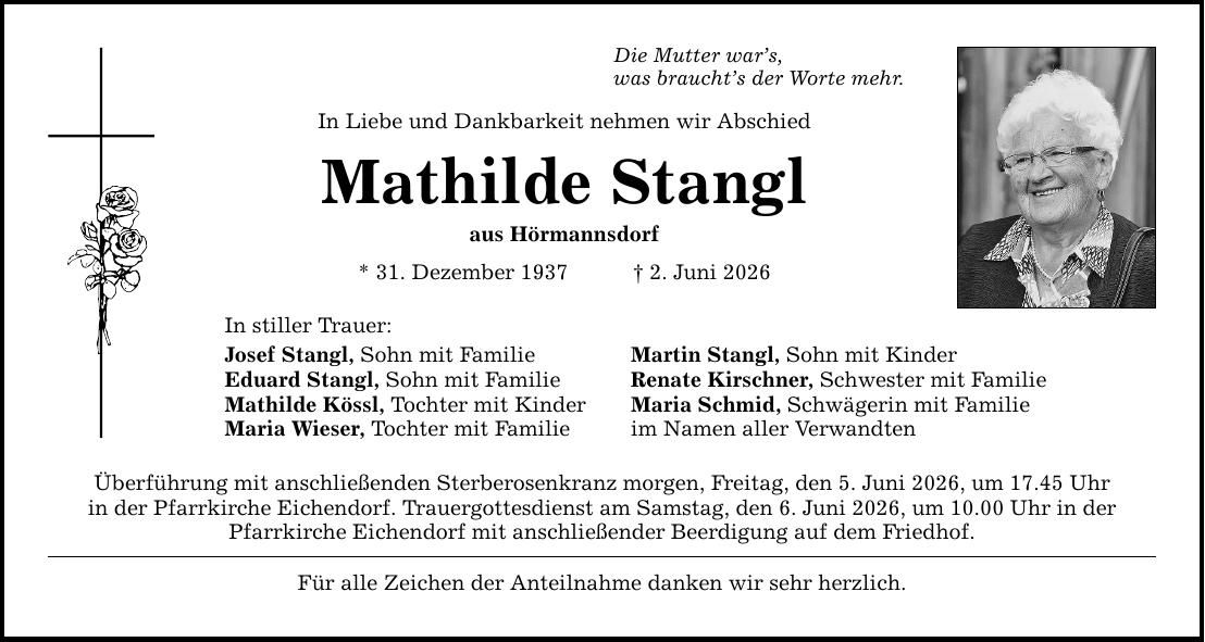Traueranzeige Mathilde Stangl