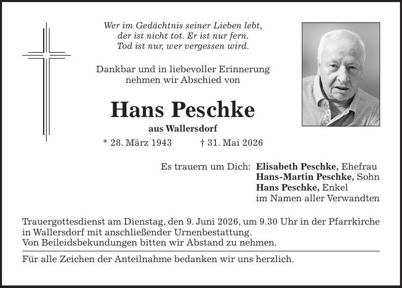 Traueranzeige Hans Peschke