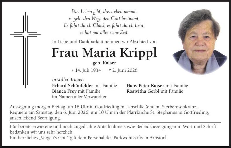 Traueranzeige Maria Krippl
