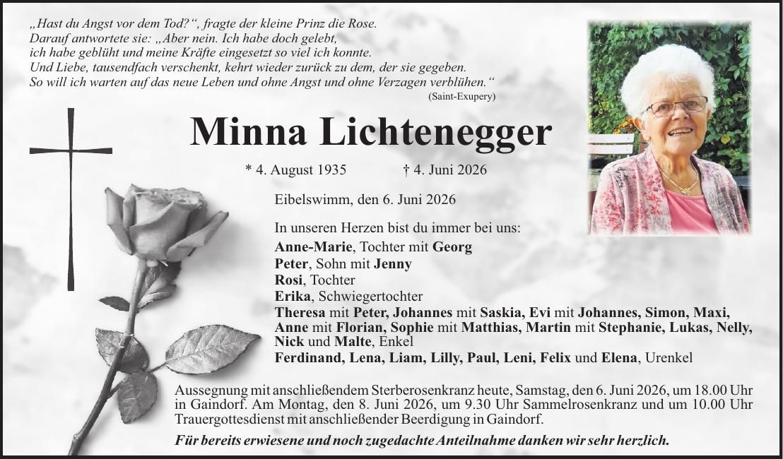 Traueranzeige Minna Lichtenegger