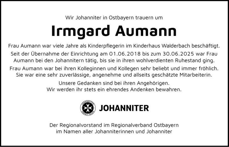 Traueranzeige Irmgard Aumann
