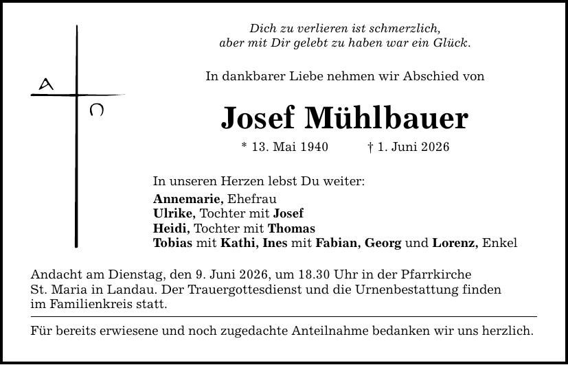 Traueranzeige Josef Mühlbauer
