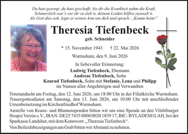 Traueranzeige Theresia Tiefenbeck