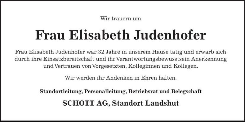 Traueranzeige Elisabeth Judenhofer