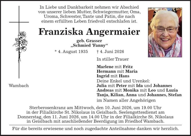 Traueranzeige Franziska Angermaier