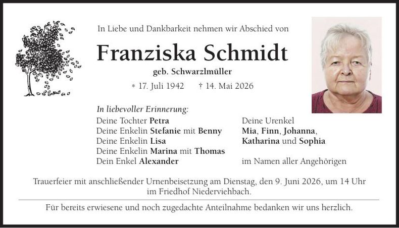 Traueranzeige Franziska Schmidt