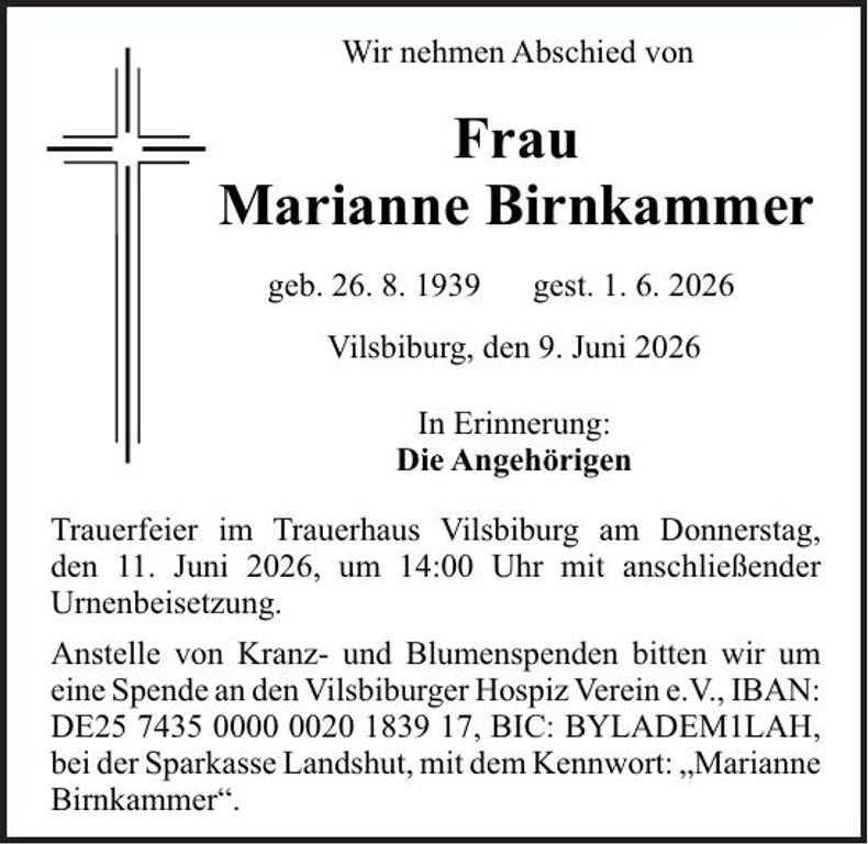 Traueranzeige Marianne Birnkammer