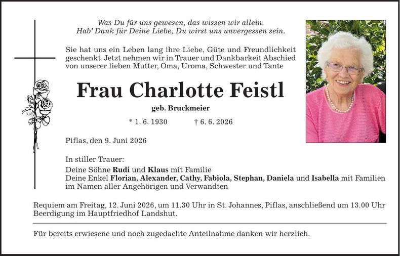 Traueranzeige Charlotte Feistl