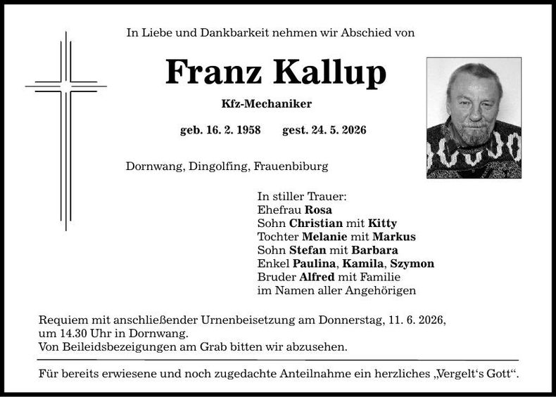 Traueranzeige Franz Kallup