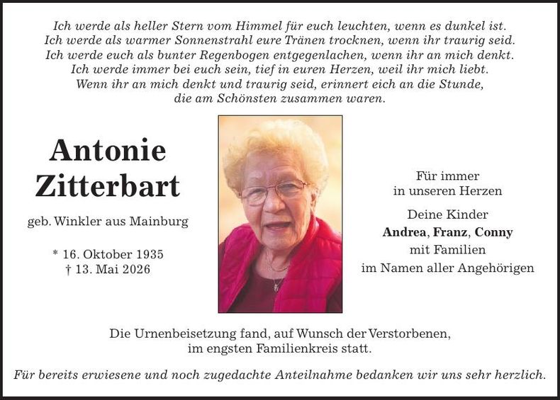 Traueranzeige Antonie Zitterbart