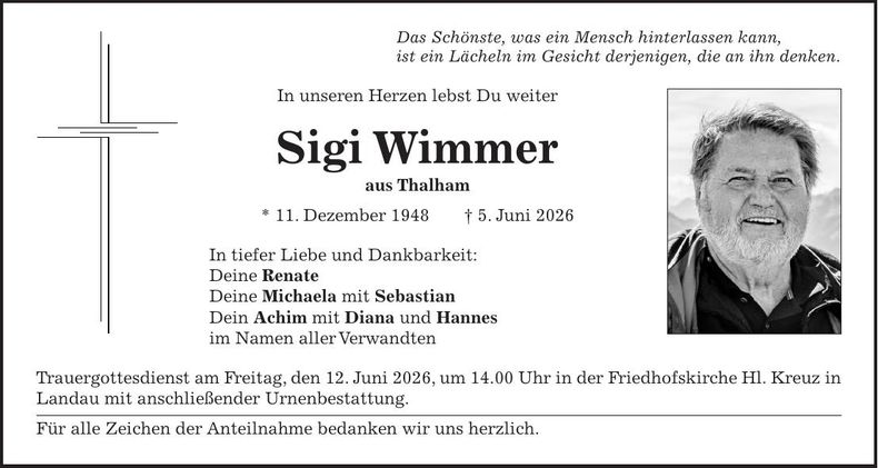 Traueranzeige Sigi Wimmer