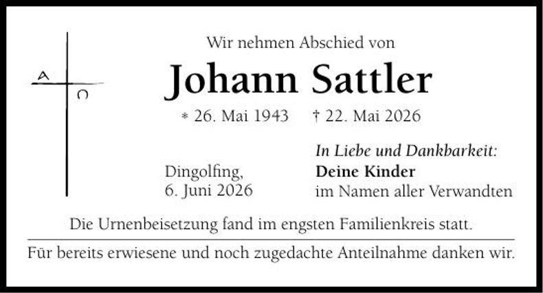 Traueranzeige Johann Sattler