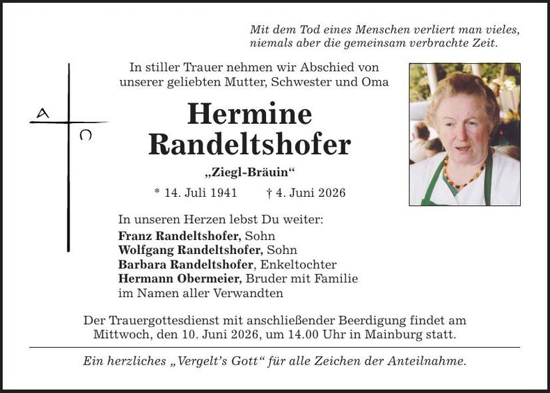 Traueranzeige Hermine Randeltshofer