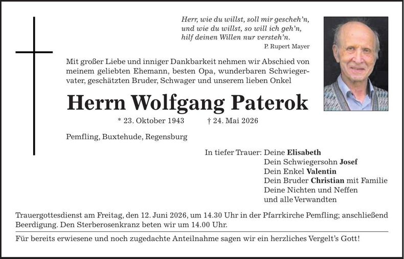 Traueranzeige Wolfgang Paterok
