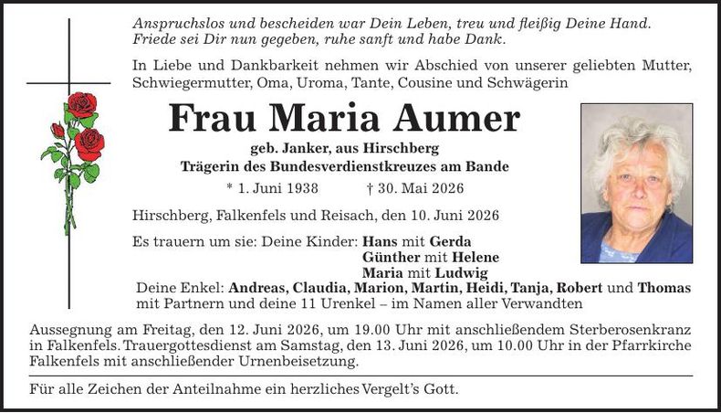 Traueranzeige Maria Aumer