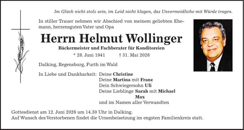 Traueranzeige Helmut Wollinger