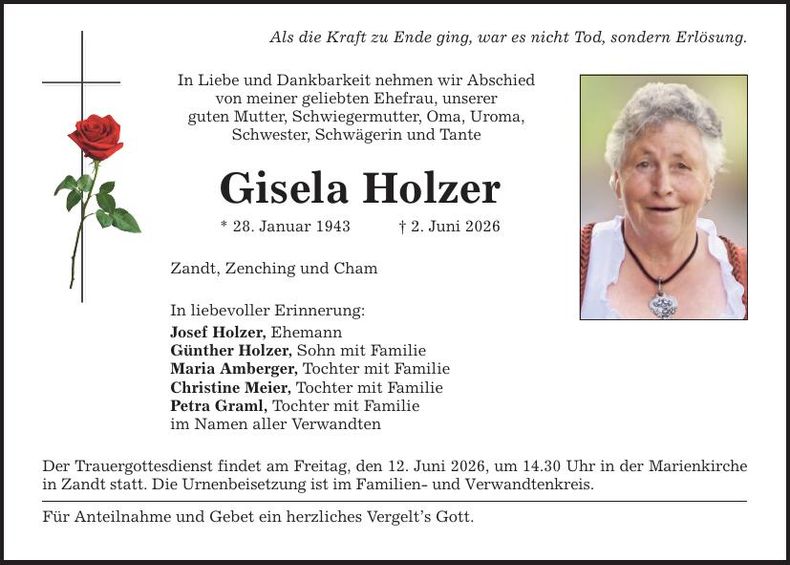 Traueranzeige Gisela Holzer