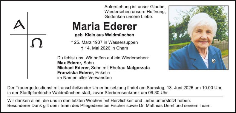 Traueranzeige Maria Ederer