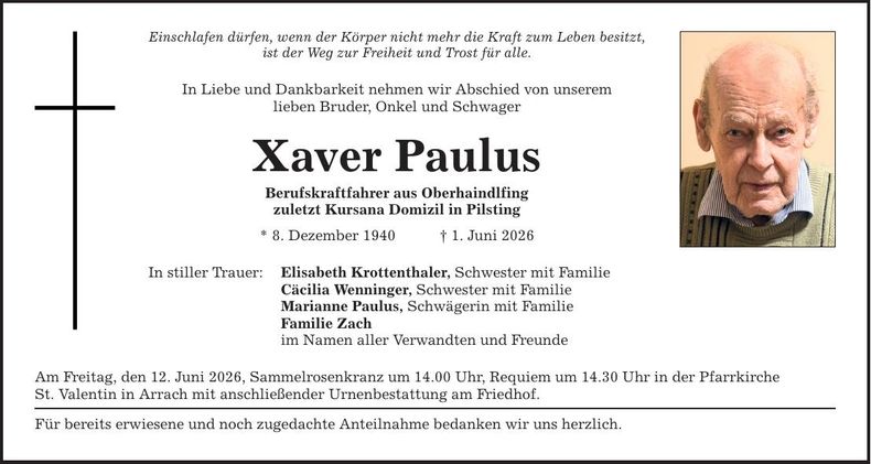 Traueranzeige Xaver Paulus