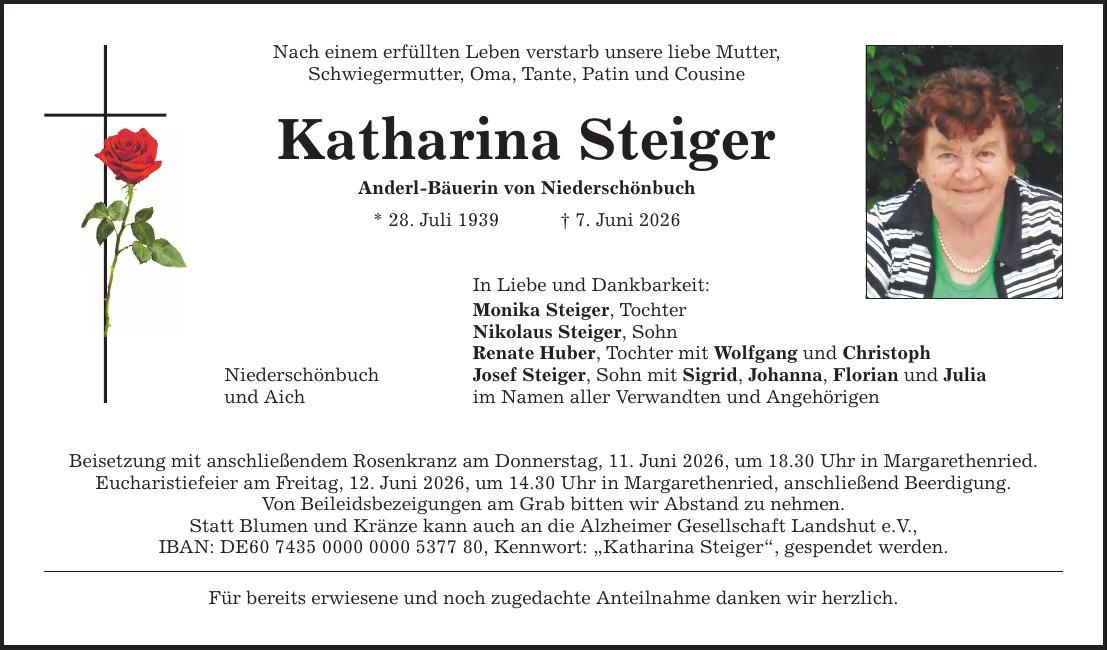 Traueranzeige Katharina Steiger