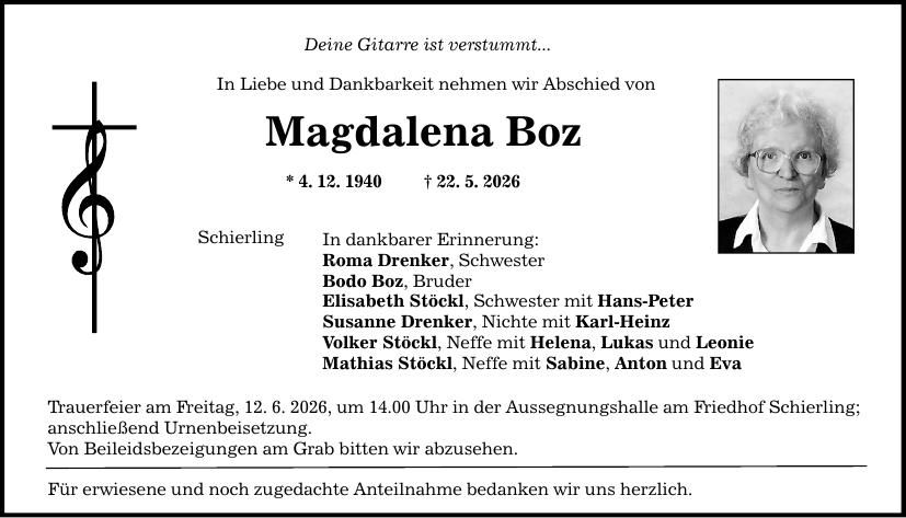 Traueranzeige Magdalena Boz