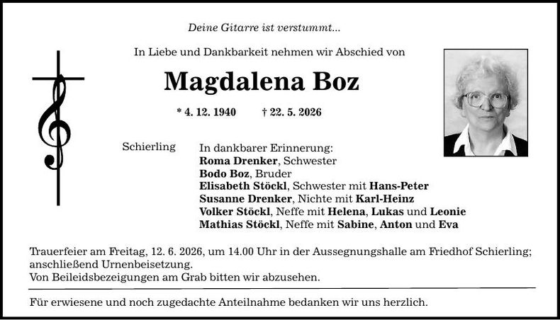 Traueranzeige Magdalena  Boz