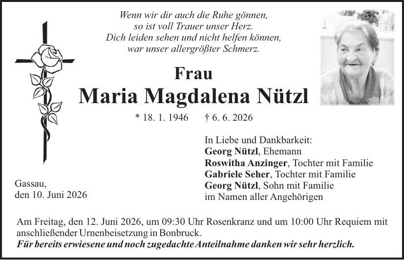 Traueranzeige Maria Nützl